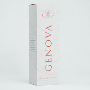 Packaging della fragranza Genova di Euthalia Fragrances, design elegante con tonalità bianche e scritte rosse. La scatola riporta il nome della città e il logo del brand, ideale per racchiudere una fragranza esclusiva ispirata a Genova. Perfetta per chi cerca un profumo d'ambiente raffinato e di qualità.