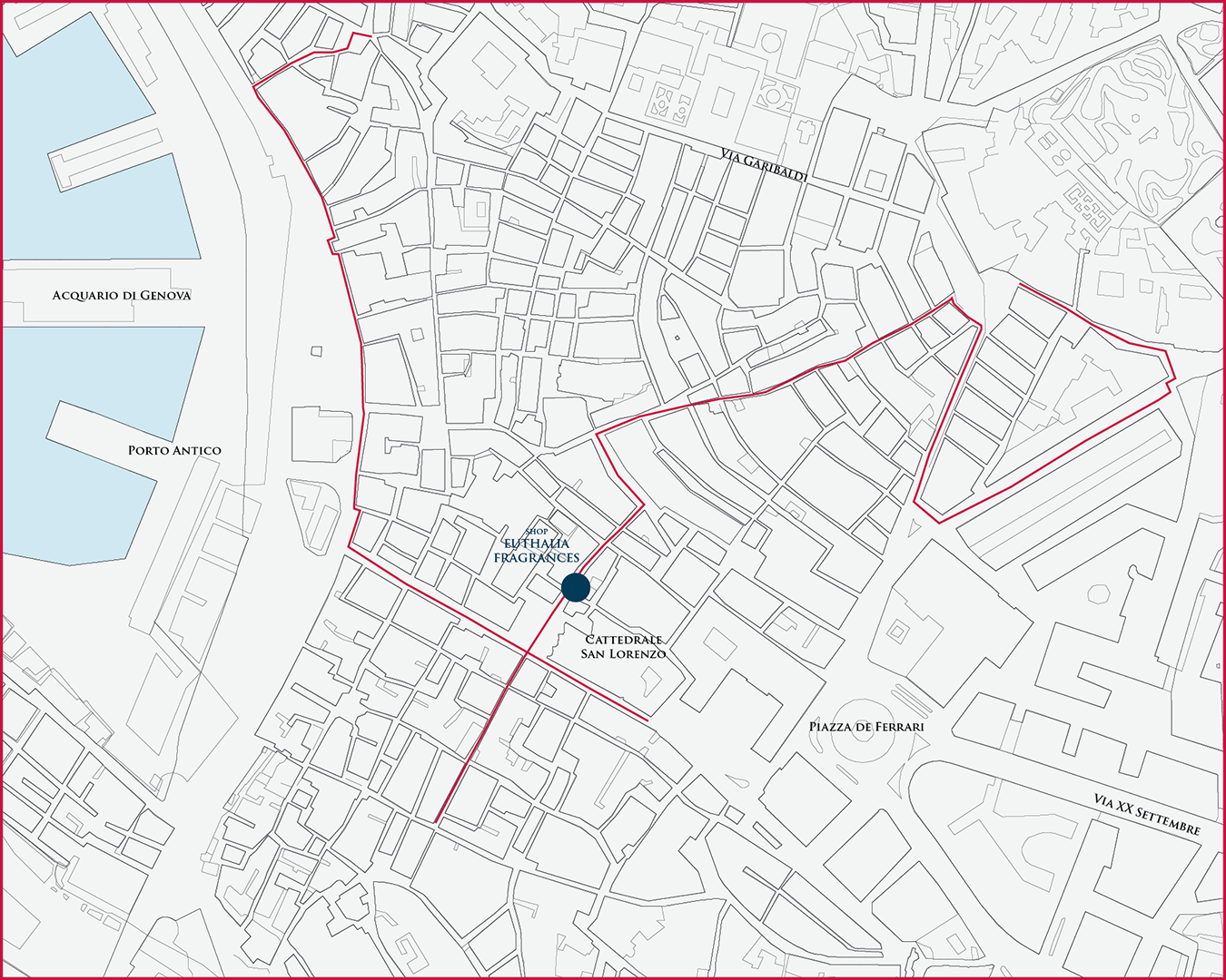 genova-profumata-percorso-cartina-euthalia-fragrances Genova Profumata il precorso. Tra vicoli segreti e palazzi fastosi guidati dal più seducente dei sensi: l’olfatto. Un percorso esperienziale di 2 km, profumato da 500 litri di fragranza GENOVA.