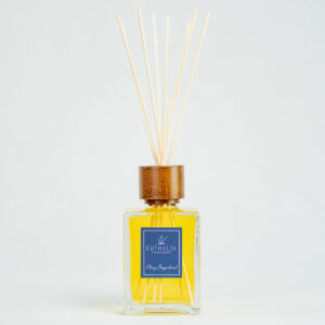 Fragranza Spicy Gingerbread. Diffusore a bastoncini Euthalia Fragrances, con flacone in vetro trasparente. Il tappo in legno e i bastoncini completano il design elegante, ideale per profumare ambienti con una fragranza raffinata e di lunga durata.