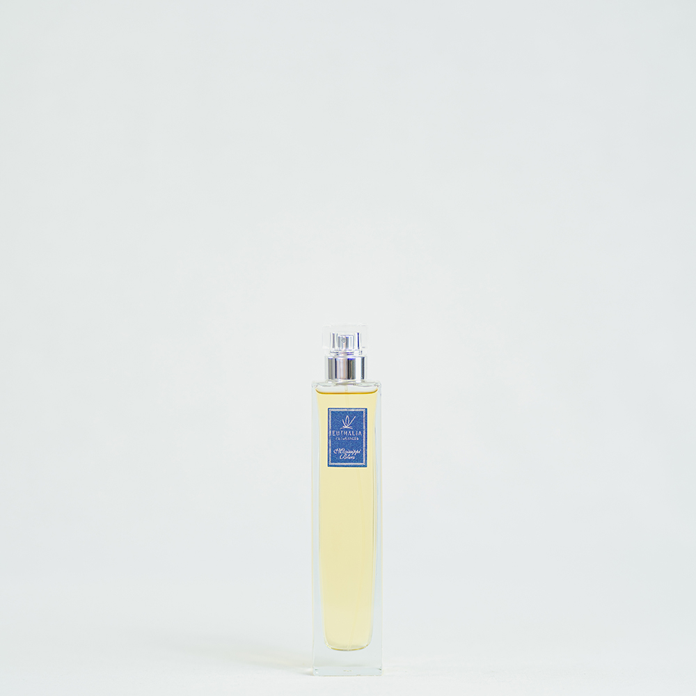 Fragranza Mississippi Blues: spray da 100ml di Euthalia Fragrances. Flacone elegante in vetro trasparente con tappo argentato, perfetto per chi desidera un profumo d'ambiente raffinato e di lunga durata. Ideale per donare un tocco di lusso agli spazi.