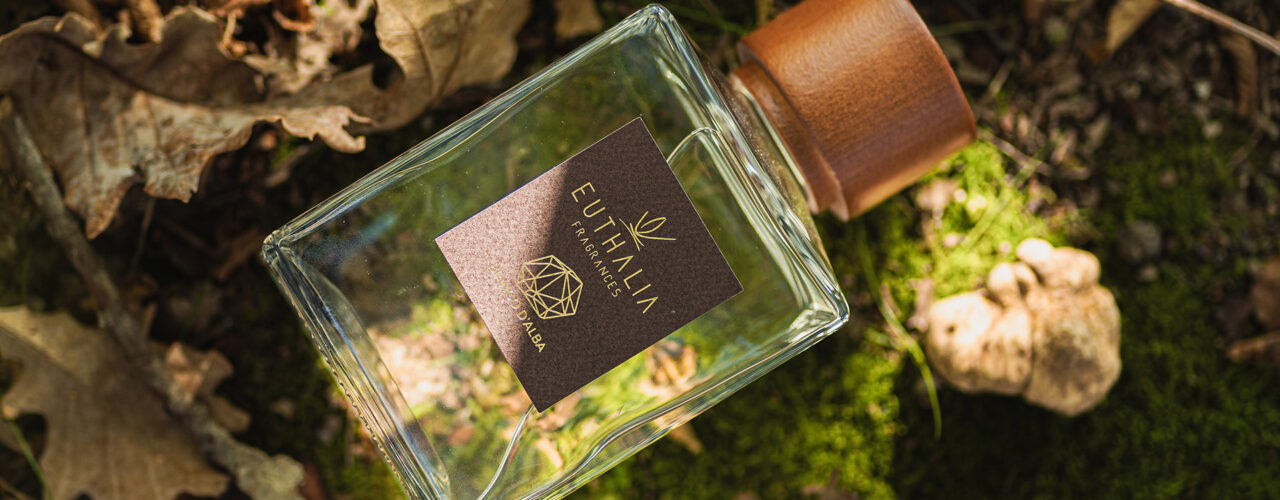 Diffusore Bianco d’Alba di Euthalia Fragrances immerso nella natura delle Langhe, tra foglie secche e muschio, simbolo dell’eleganza olfattiva di questo territorio unico. White truffle.